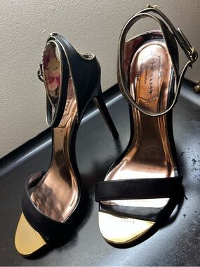 Ted Baker Black and Gold Open-Toe Ankle-Strap Heels